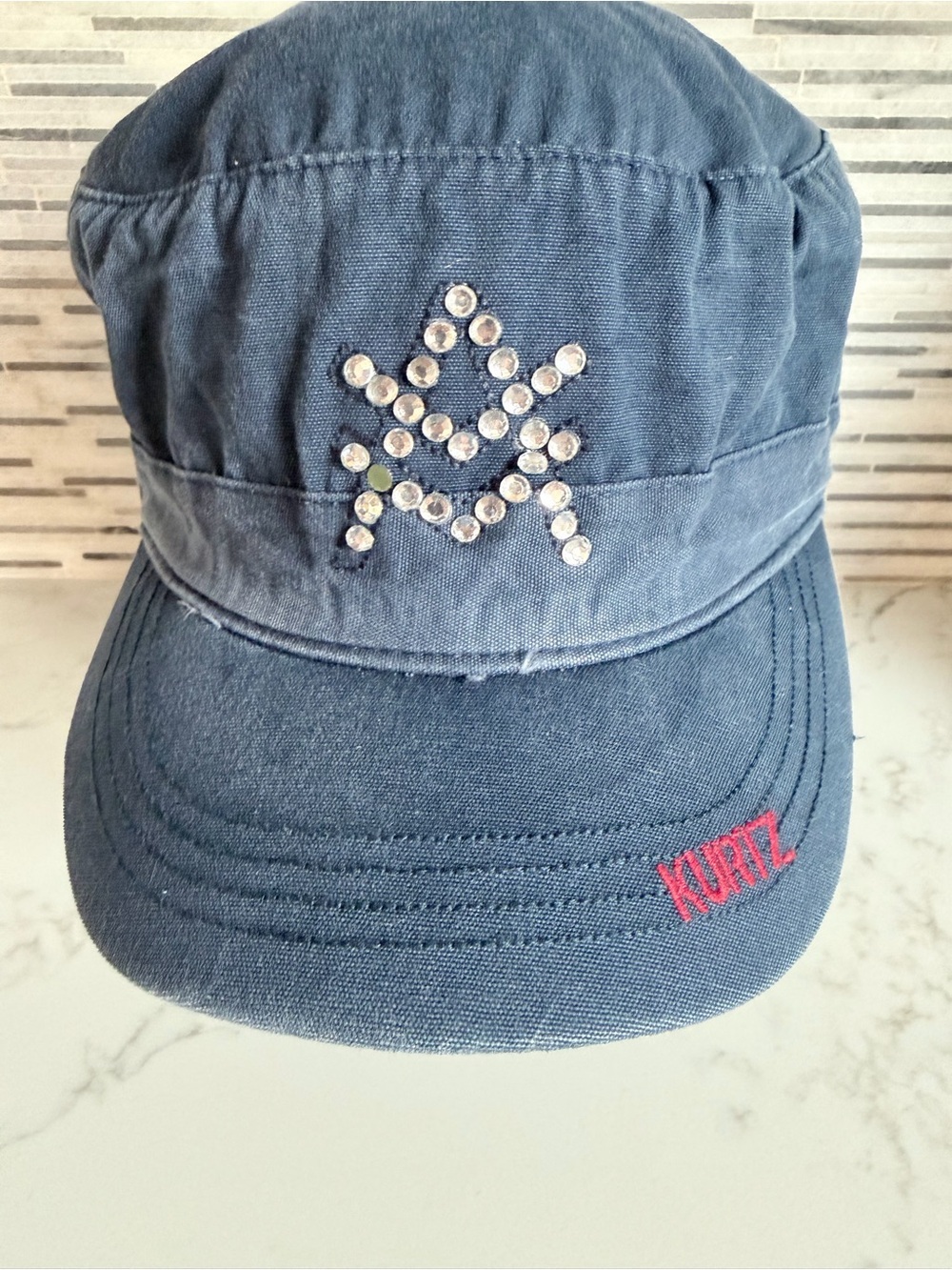 Vintage Kurtz Navy Blue Rhinestone Star Cap size 7